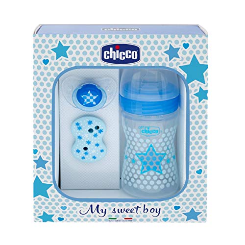 Chicco Wellbeing - Set de regalo con biberón, chupete y clip de silicona, color azul