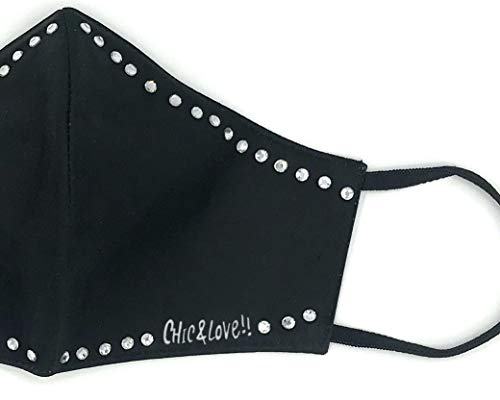 CHIC&LOVE | Banda Facial Negra para Mujer con Diseño Original con Cristales | AntiPolvo y AntiPolen Negra Estampado y Lavable hasta 25 Lavados | Para ir a la Moda y Fashion (Contorno)
