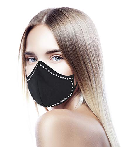 CHIC&LOVE | Banda Facial Negra para Mujer con Diseño Original con Cristales | AntiPolvo y AntiPolen Negra Estampado y Lavable hasta 25 Lavados | Para ir a la Moda y Fashion (Contorno)