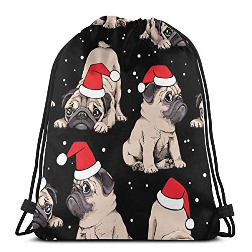 Christmas Pugs in a Santa's Red Cap Mochila con cordón Mochila con cordón Mochila Cinch Gympack de poliéster Resistente al Agua para Acampar Senderismo 36 x 43 cm / 14,2 x 16,9 Pulgadas