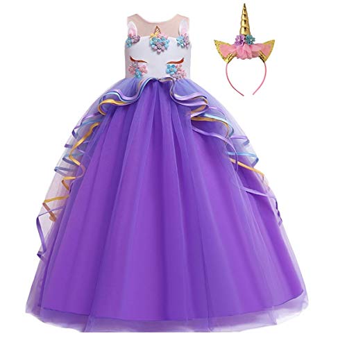 CinheyU Niñas Disfraz de Carnaval Sin Mangas Vestido de Unicornio Princesa Cumpleaños Boda Fiesta de Cosplay para Chicas Navidad Bautizo Comunión Flor Vestidos de Baile con Diadema Morado 4-5