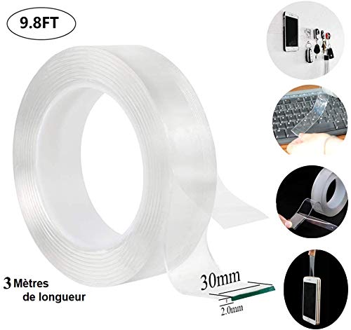Cinta Adhesiva de Doble Cara Cinta de Nanómetro Sin Huella Cinta Fuerte Multifuncional e Impermeable 2mm*30mm*3m
