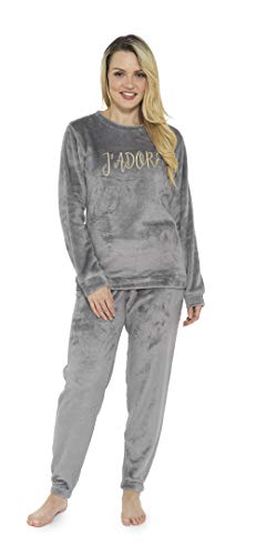 CityComfort Pijama Mujer Invierno, Conjunto de Pijama 2 Piezas Mangas Larga Pantalon Largo, Pijamas Polar Super Suave con Estampado Animal, Rosa, Azul (36/38, Gris Claro)