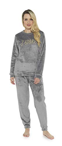 CityComfort Pijama Mujer Invierno, Conjunto de Pijama 2 Piezas Mangas Larga Pantalon Largo, Pijamas Polar Super Suave con Estampado Animal, Rosa, Azul (36/38, Gris Claro)