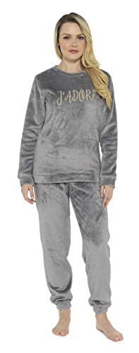 CityComfort Pijama Mujer Invierno, Conjunto de Pijama 2 Piezas Mangas Larga Pantalon Largo, Pijamas Polar Super Suave con Estampado Animal, Rosa, Azul (36/38, Gris Claro)