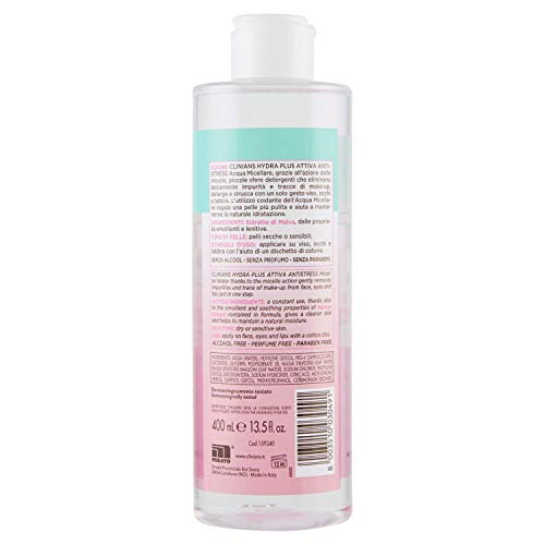 CLINIANS HYDRA PLUS agua micelar activa antiestrés para pieles secas o sensibles, con Extracto de Malva, 400 mL