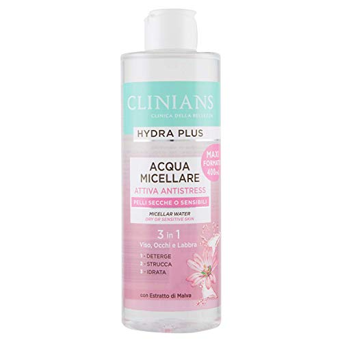 CLINIANS HYDRA PLUS agua micelar activa antiestrés para pieles secas o sensibles, con Extracto de Malva, 400 mL