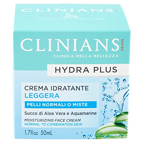 CLINIANS HYDRA PLUS, crema facial hidratante ligera para pieles normales o mixtas, con Jugo de Aloe Vera y Aguamarina, 50 mL