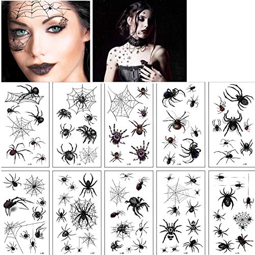 CMTOP Tatuajes Temporales Hlloween Tattoos (10 Hojas) araña Tatuaje Pegatinas para decoraciones de fiesta de Halloween Cosplay