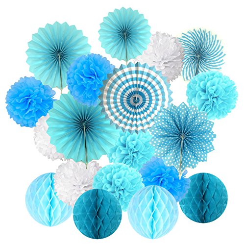 Cocodeko - Set colgante de papel de seda con compartimentos de flores y bolas de nido de abeja para cumpleaños, fiesta de bebé, boda, festival, decoración, azul, 3 g