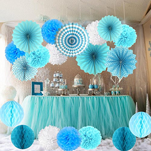 Cocodeko - Set colgante de papel de seda con compartimentos de flores y bolas de nido de abeja para cumpleaños, fiesta de bebé, boda, festival, decoración, azul, 3 g