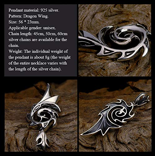 Collar con colgante de plata 925 con alas de dragón para hombre, joyería dominante de moda, personalidad tendencia de clavícula cadena de suéter cadena creativa, 123, color, 60cmsilverchain