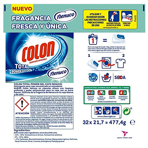 Colon Total Power Gel Caps Nenuco Detergente para Lavadora, Aroma Nenuco, Formato Cápsulas - 32 Dosis