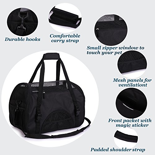 Cómodo Bolso de Hombro Portador de Viaje para Perros y Gatos Aprovado por Aerolíneas Tote de Lados Suaves con Estera, Negro