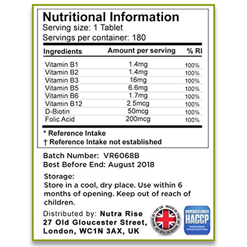 Compuesto de Vitamina B, Suplemento de Alta Potencia, Contiene Todas las 8 Vitaminas B, B1, B2, B3, B5, B6, B12, D ­Biotina y Ácido Fólico, Suministro para 6 meses, Producido en UK – 180 pastillas