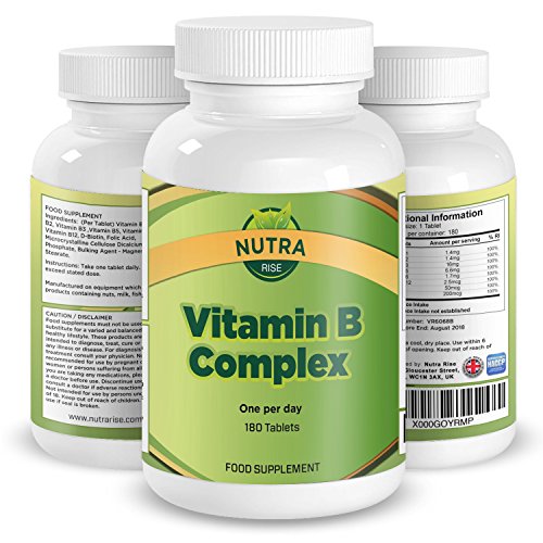 Compuesto de Vitamina B, Suplemento de Alta Potencia, Contiene Todas las 8 Vitaminas B, B1, B2, B3, B5, B6, B12, D ­Biotina y Ácido Fólico, Suministro para 6 meses, Producido en UK – 180 pastillas