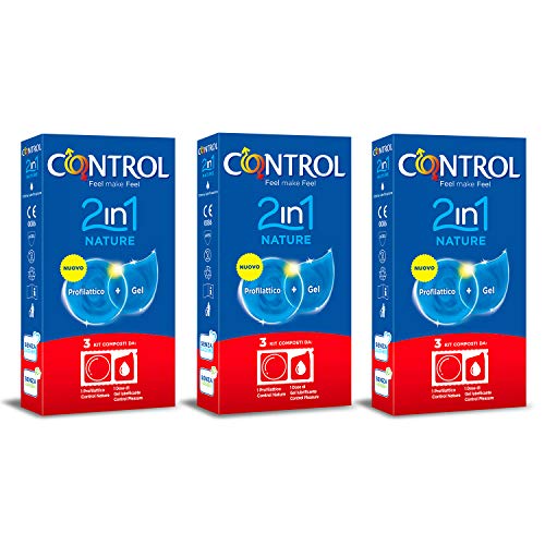 CONTROL Kit de 3 cajas de preservativos 2in1 Nature. Cada caja contiene 3 kits con un preservativo Control Nature y una dosis de gel lubricante Control Nature