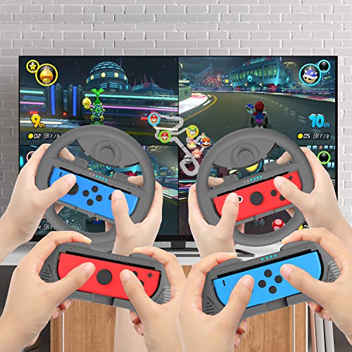 COODIO Volante y Grip Switch Joy-Con, Switch Joy-Con Racing Wheel Volante, Mandos Grip Joy-Con para Mario Kart Juegos / Joy-Con Mandos Nintendo Switch, Gris (Pack de 4 Deluxe)