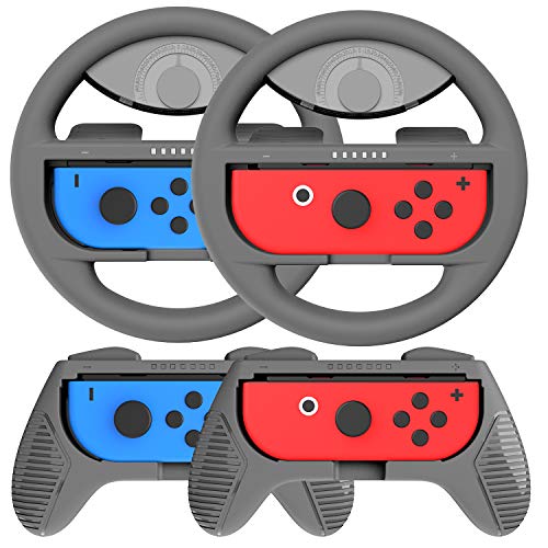 COODIO Volante y Grip Switch Joy-Con, Switch Joy-Con Racing Wheel Volante, Mandos Grip Joy-Con para Mario Kart Juegos / Joy-Con Mandos Nintendo Switch, Gris (Pack de 4 Deluxe)