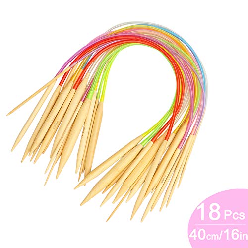 Coopay - Juego de agujas de tejer circulares de bambú, 40 cm, agujas de tejer con tubo de plástico de colores para niños, 18 agujas de doble punta para cuello, calcetín, sombrero o manga, 2 mm a 10 mm