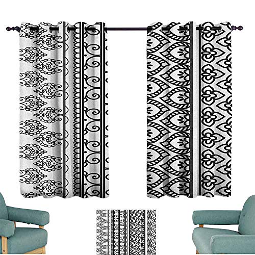 Cortinas con ojales Henna Old Vintage Swirls Leaf Figuras abstractas composición artística con bordes verticales cortina de aislamiento de cocina W55x45L pulgadas negro blanco