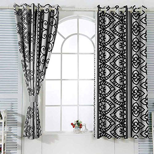 Cortinas con ojales Henna Old Vintage Swirls Leaf Figuras abstractas composición artística con bordes verticales cortina de aislamiento de cocina W55x45L pulgadas negro blanco