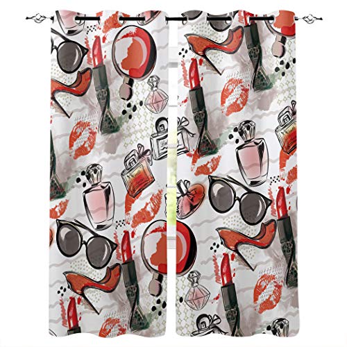 Cortinas para Habitación de Salón Térmicas Aislantes Blanco Rosa Negro Rojo Tacones Altos Perfume pintalabios UV la Luz Proteccion Privacidad con Ojales para Dormitorio 110x215cm x2