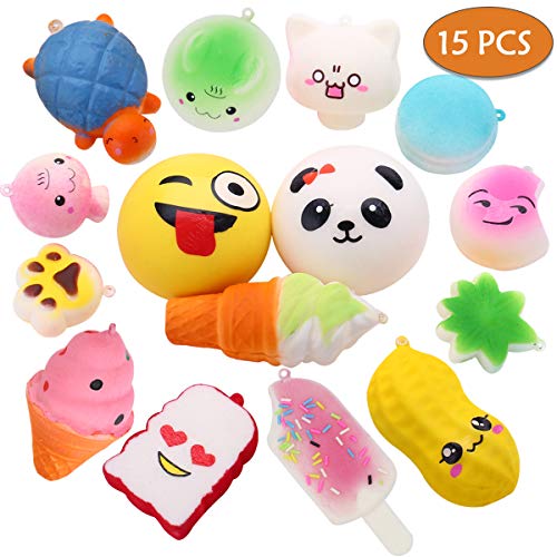 Cosy Life 15 Piezas Squishy Kawaii, Juguetes Hinchado Lento de Squishies llaveros teléfono Cadena alimentaria Correas Accesorios Adornos
