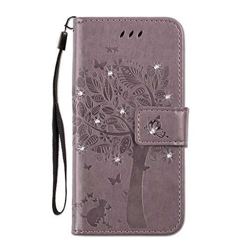 COTDINFOR Samsung Galaxy S5 Mini Funda Mujer Chica Elegante Suave PU Cuero Flip Cuero Billetera Estuche Cárcasa Case Protectora para Samsung S5 Mini Gray Wishing Tree with Diamond KT.