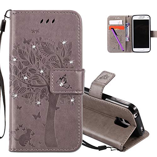COTDINFOR Samsung Galaxy S5 Mini Funda Mujer Chica Elegante Suave PU Cuero Flip Cuero Billetera Estuche Cárcasa Case Protectora para Samsung S5 Mini Gray Wishing Tree with Diamond KT.