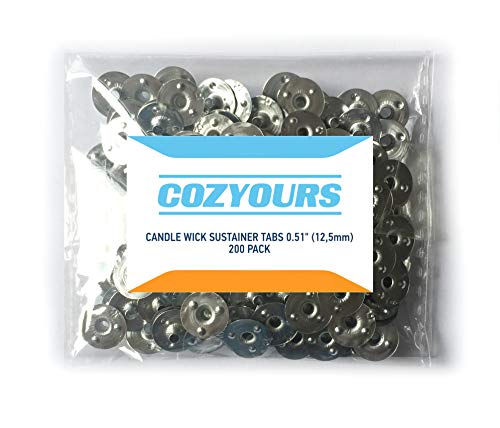 CozYours - 200 unidades de pestañas de soporte de mecha de metal para velas pequeñas de 12,5 mm de diámetro (pestañas de mecha). Incluye libro electrónico de bricolaje para velas