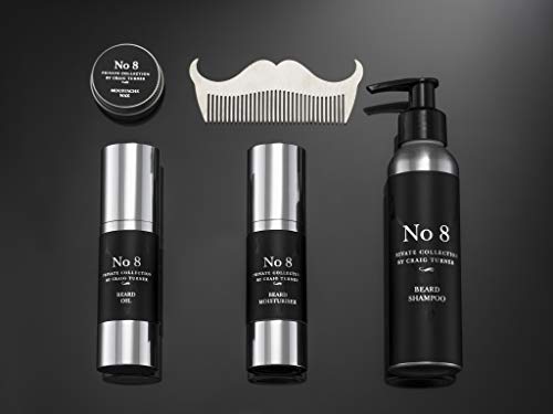 Craig Turner no 8 - Kit de cuidado de barba de lujo en caja de regalo, champú para barba + aceite de barba + crema hidratante para barba + cera para bigote + kit de peine para bigote
