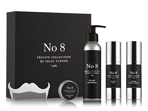 Craig Turner no 8 - Kit de cuidado de barba de lujo en caja de regalo, champú para barba + aceite de barba + crema hidratante para barba + cera para bigote + kit de peine para bigote