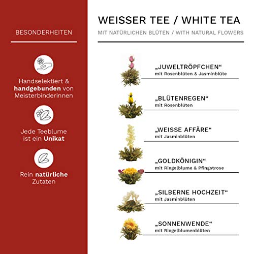 Creano Juego de Regalo de Flores de Té en una Caja de Madera, "Té blanco" | 12 Flores de Té con 6 Tipos diferentes
