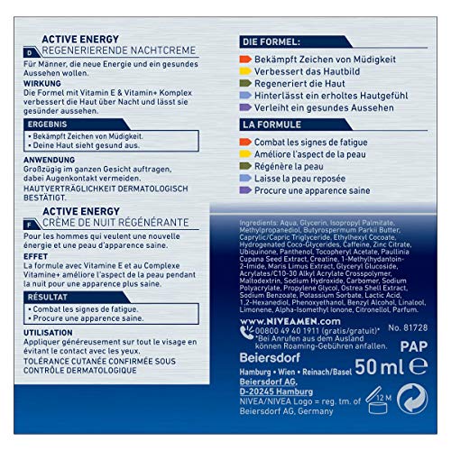 Crema de noche regeneradora Nivea Men Active Energy, 1 paquete (50 mililitros)