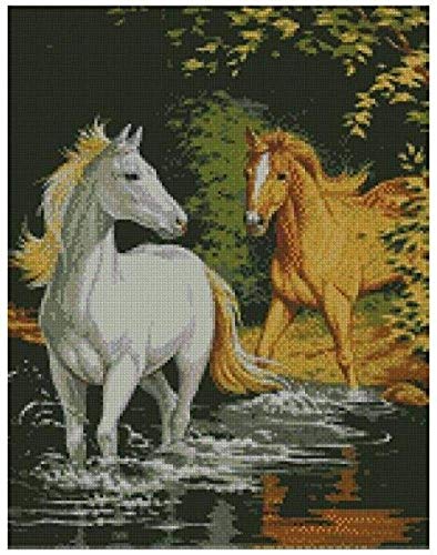 Cruz para adultos Kits de punto Cartilla de Horse Cross River lienzo preimpreso 14CT，Bordado de kit de punto de cruz de arte DIY de principiantes Regalo para la decoración del hogar，40x50cm