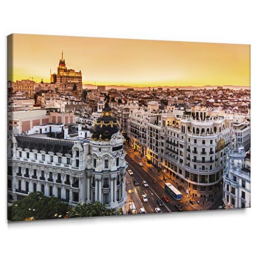 Cuadro de Gran Vía de Madrid en Lienzo de 100 x 70 cm, Decoración para Pared de Salón, Dormitorio y Oficina, Impreso en Lienzo y Enmarcado sobre Bastidor de Madera, L-09