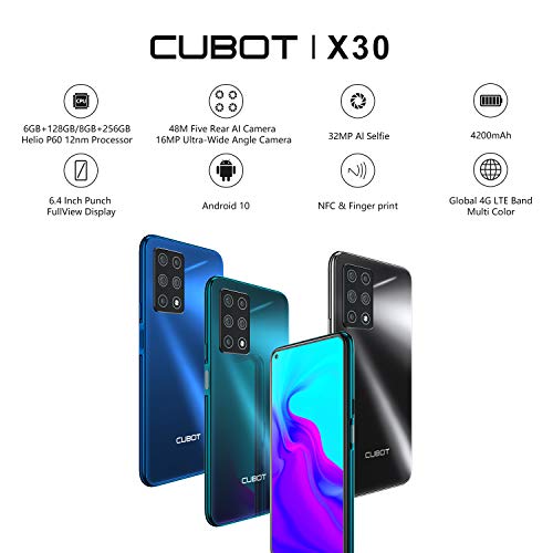 CUBOT X30 Smartphone Android 10.0 4G Teléfono Movil Libre 6.4" Pulgadas FHD+ 256GB ROM 8GB RAM 4200 mAh Cinco cámaras Dual Sim Face ID, Aurora