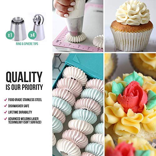 CukkiCakes Boquillas Rusas de Repostería - Set Decoración de Cupcakes y Tartas (61pcs): 34 Boquillas + 20 Mangas Pasteleras Desechables + Bolsa Silicona Reutilizable + 4 Adaptadores + Accesorios