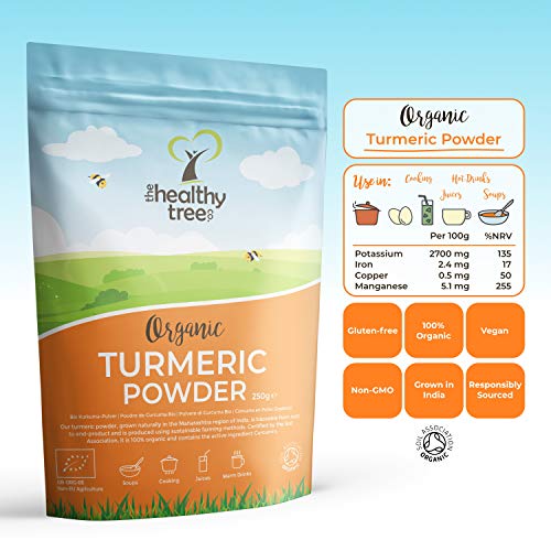 Cúrcuma en Polvo Orgánico de TheHealthyTree Company - Vegano, Excelente en Sopas, Zumos, Curry y Platos Vegetarianos - Raíz de Curcumina de Cúrcuma Pura (250 g)