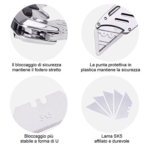 Cúter, Tacklife UKS02 Cuchillos con 5 Hojas, Mango de Acero Inoxidable con Agarre Antideslizante Suave y Bloqueo de Liberación Rápida