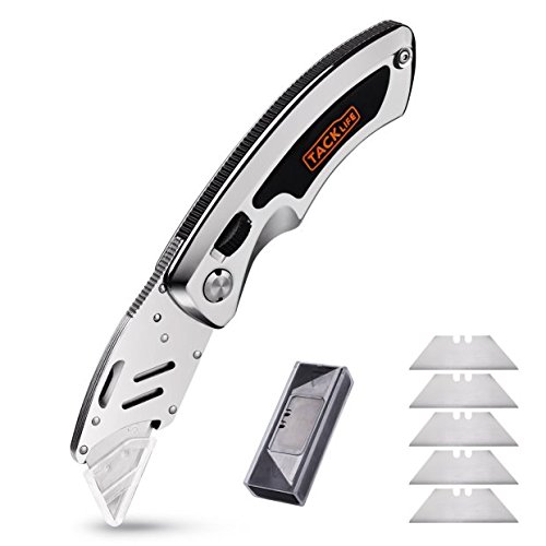 Cúter, Tacklife UKS02 Cuchillos con 5 Hojas, Mango de Acero Inoxidable con Agarre Antideslizante Suave y Bloqueo de Liberación Rápida