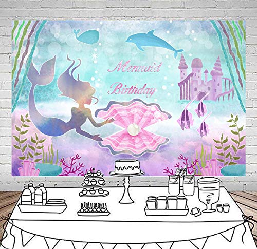 Daniu Little Mermaid Birthday Party Backdrop 7x5ft Under The Sea Castle Whale Pearl Girls Photography Background Princess Purple Cake Table Banner Photo Booth Props
