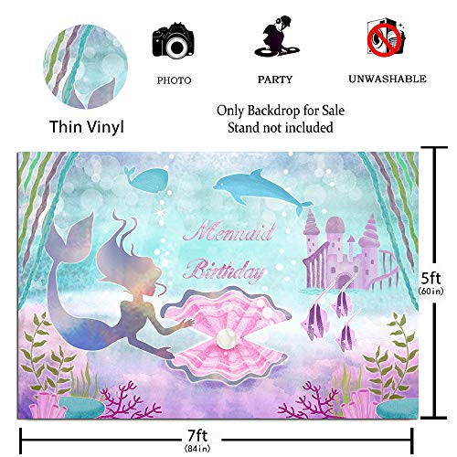 Daniu Little Mermaid Birthday Party Backdrop 7x5ft Under The Sea Castle Whale Pearl Girls Photography Background Princess Purple Cake Table Banner Photo Booth Props