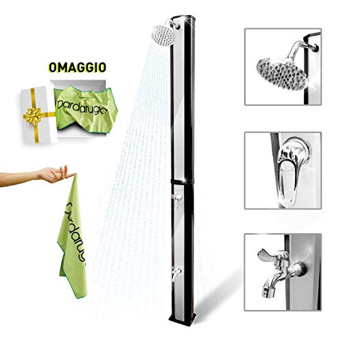 DARDARUGA Ducha Jardín Exterior Energía Solar con Tanque 35 Litros, con Cabeza de Ducha y Grifo, Temperatura del agua hasta 60° C - REGALO GRATIS: Toalla de microfibra suave 250 g/m2