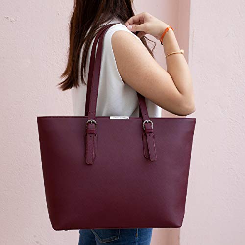 David Jones - Bolso de Mano Grande Mujer - Tote Bag Shopper Piel PU - Bolso de Hombro Trabajo Shopping Gran Capacidad Cuero - Bolso de Compras Asa Larga - Escuela Estudiante Moda - Rojo Burdeos