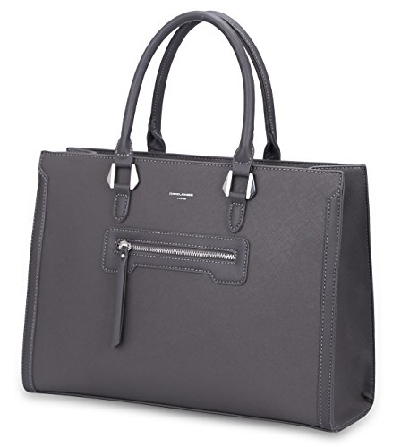 David Jones - Bolso de Mano Trabajo Mujer - Shopper Tote Bag PU Piel - Grande Bolso Bandolera Hombro Cuero Asa Superior - Maletines A4 Diario Vida Satchel Mensajero Oficina Escuela - Gris