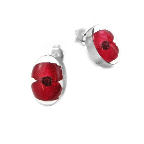 De tuerca de plata de Juego de pendientes de fabricado con diseño de flores - Poppy - Oval - incluye una caja de regalo