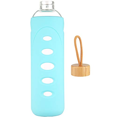 DEARRAY Botella de Agua de Cristal de Borosilicato Deportivo 400ml / 750ml / 1000ml / 1 Litro, Botella de Agua de Vidrio con Funda de Silicona y Tapa de Bambú Único