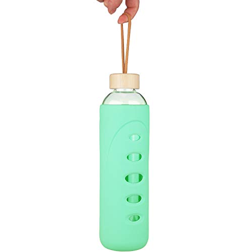 DEARRAY Botella de Agua de Cristal de Borosilicato Deportivo 400ml / 750ml / 1000ml / 1 Litro, Botella de Agua de Vidrio con Funda de Silicona y Tapa de Bambú Único